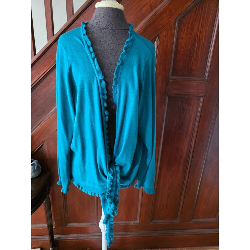Coldwater Creek Womens Ruffled 2X Cardigan Sweater Turquoise Wool Blend